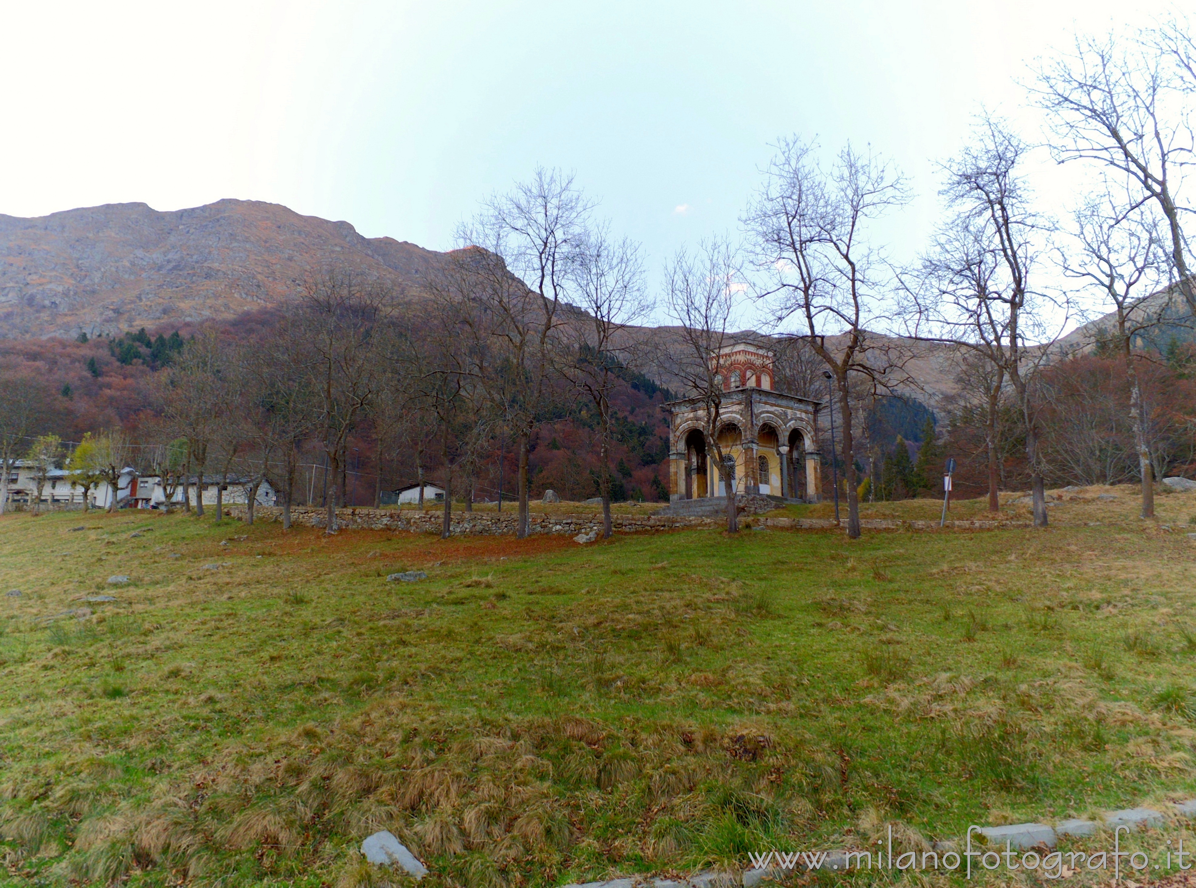Biella (Italy) - Kiosk of St. Eusebius behind the Sanctuary of Oropa at sunset